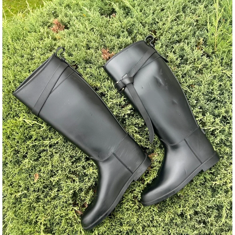 Burberry Black Rubber Rain‎ Boots Check Lined Buckle Strap Riding Boots Size 40